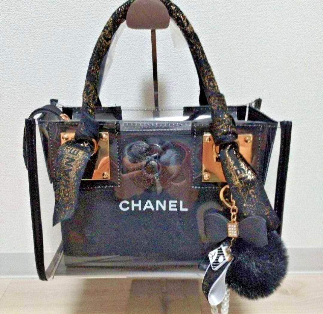Chanel Clear Tote Bag Pouch Ribbon Charm Camellia Shop Bag Black White Shoulder