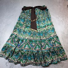 Vintage Y2K Boho Peasant Artsy Tiered Maxi Skirt M Teal Green Brown Beaded Boho
