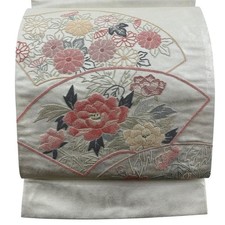 Fukuro Obi Silk Ribbon Waistband Cream Color Used Sagara Embroidery 436cm