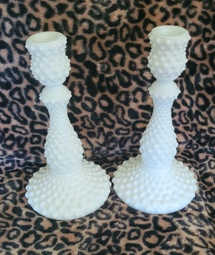 Vintage Fenton Milk Glass Hobnail Candlesticks Unmarked 9” Candle Holders