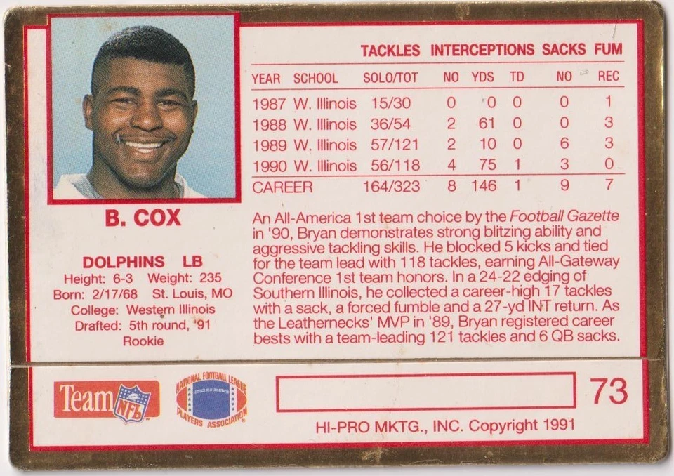 1991 Action Packed NFL #73 Bryan Cox RC Dolphins - Image 2 of 2