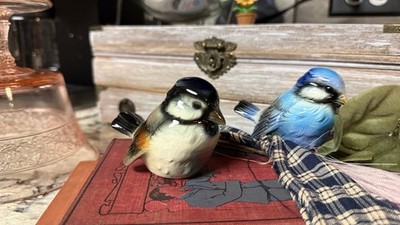 Vintage Goebel W Germany Porcelain Bird Figurines Pair Blue Tit TMK-5 1970s
