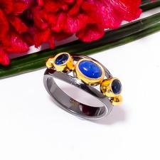 Natural Lapis Lazuli, Blue Sapphire Gold Plated 925 Sterling Silver Ring s.6 Sk9