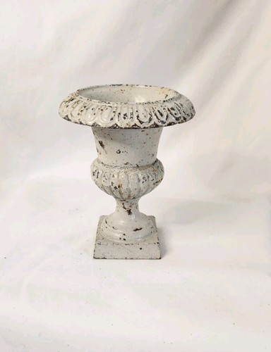 Petite Cast Iron 5" Decorative French White Patina Flower Vase Urn - Picture 3 of 8