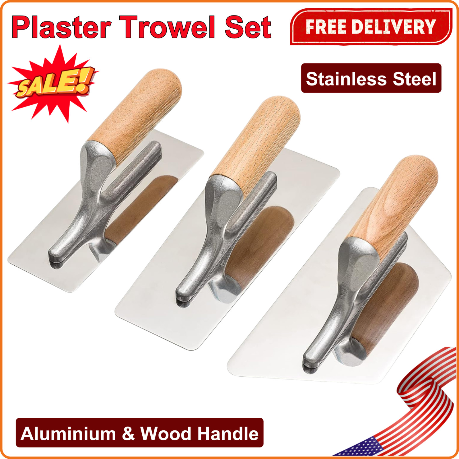 Polished Stainless Steel Venetian Plaster Trowel Set 3 PC Paint Plastering Tools
