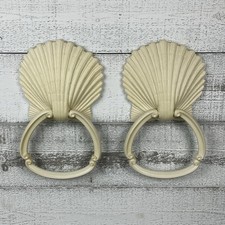 Vintage Mid Century Homco Ivory Sea Shell Towel Ring Holders Wall Mount Hangers