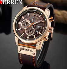 CURREN Men's Quartz Chronograph Watch Date Brown Leather Strap Gold 48mm 30m