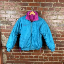 Vintage Columbia Jacket Womens Large Teal Pink Down Reversible Puffer Bomber 90s