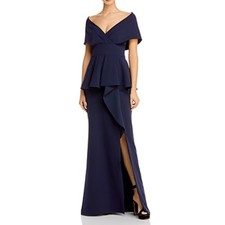 Aidan Mattox Blue Evening Gown Shawl Collar Thigh Slit Long A-Line Dress Size 4