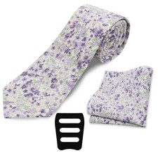 Floral Mens Tie Set Cotton Printed Necktie and Pocket Square Purple and White