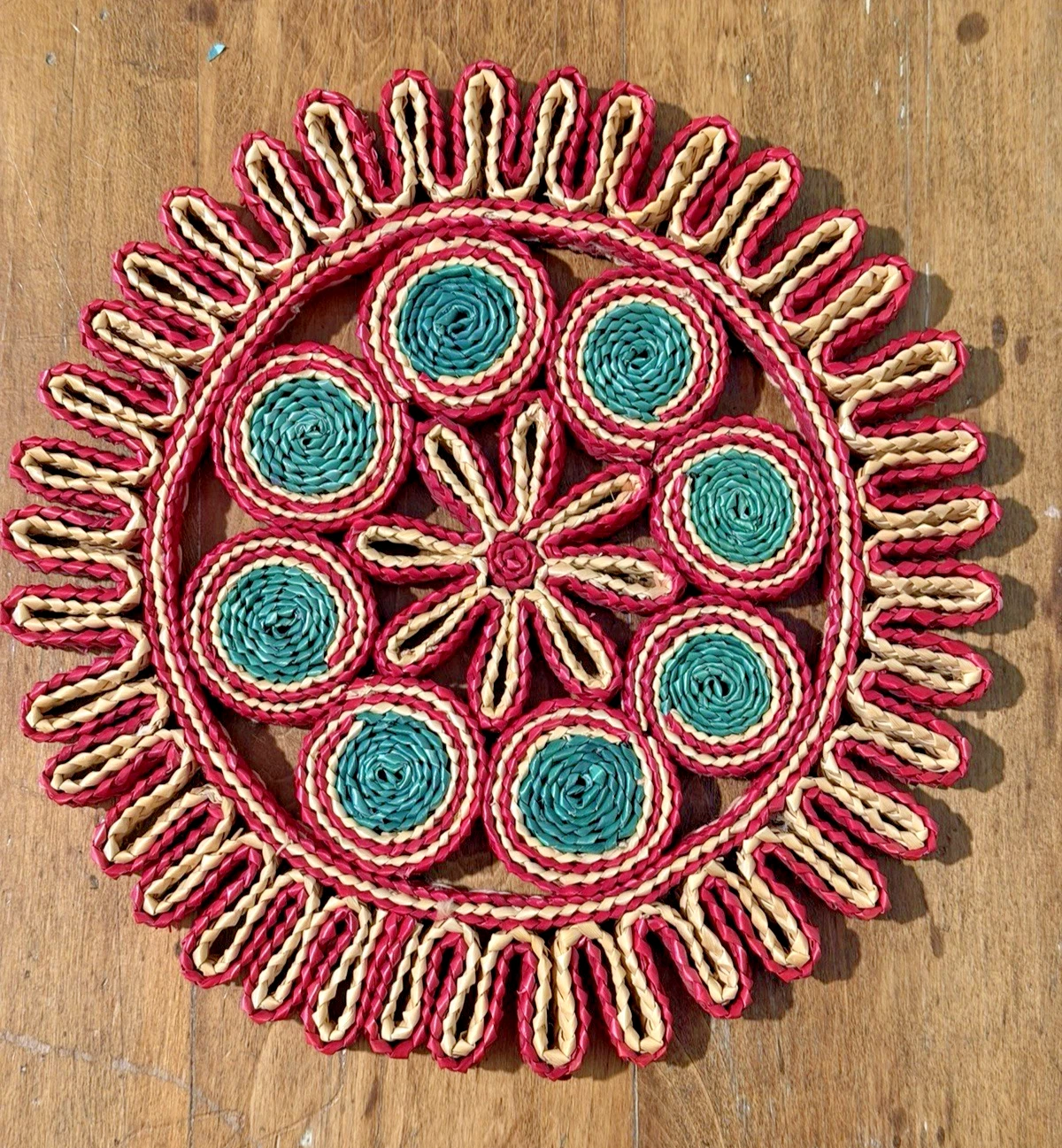 Colorful Woven Round Trivets Kitchen Raffia Hot Pads Wall Vintage Boho Set of 5 image 3