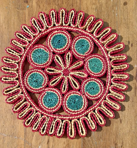 Colorful Woven Round Trivets Kitchen Raffia Hot Pads Wall Vintage Boho Set of 5 image 3