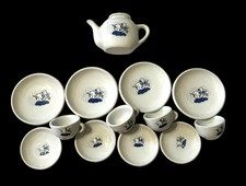 Vintage Miniature Tea Set Dollhouse 1980s Porcelain Mini Ceramic Blue Duck Print