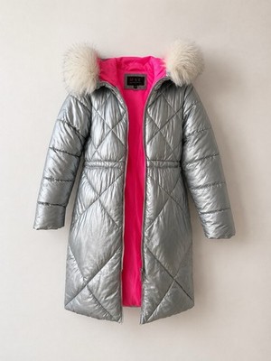 Mädchen Winterjacke / Silber Mantel mit Kapuze Gr. 152