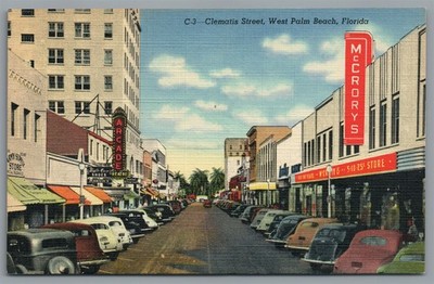 Postcard West Palm Beach FL Clematis Street view McCrorys Arcade unposted linen