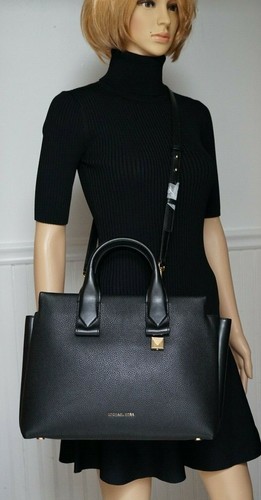 NWT MICHAEL KORS ROLLINS LARGE Satchel Crossbody In BLACK Pebbled Leather - Picture 3 of 10