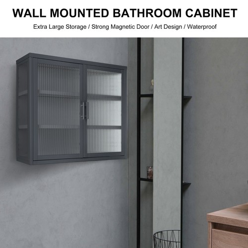 Retro Style Haze Double Glass Door Wall Cabinet Vintage With Detachable Shelves - Picture 29 of 41