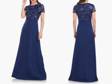 JS COLLECTIONS Navy Floral Sequin Embroidered Mesh Bow Detail A-Line Maxi Gown 4
