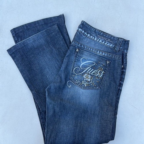 Guess Jeans Women 32 Blue Bootcut Bling stretch distressed embroidery 4 pocket - Picture 6 of 12