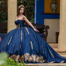 Shiny Navy Blue Quinceanera Dresses Ball Gown Golden Lace Appliques Sweet 16  