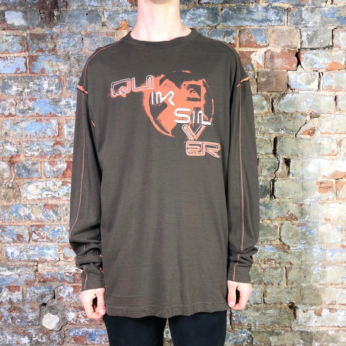 Quiksilver No Joke Long Sleeve Screen T Shirt Brown size S XL