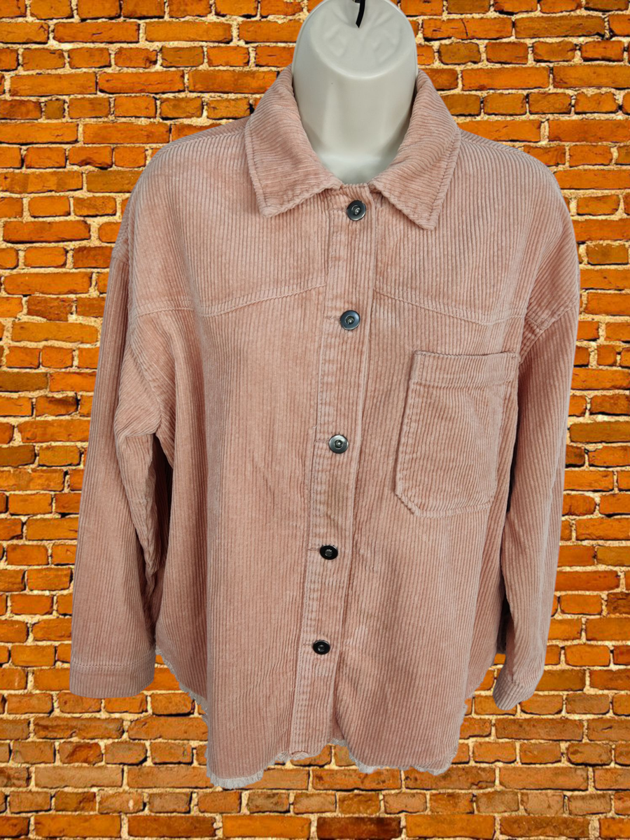 ZARA SMALL CORAL COAT JACKET CORDUROY DENIM SHACKET BUTTON UP