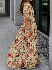 Womens Casual Short Sleeve Boho Floral Printed V Neck Long Dress Ruched 