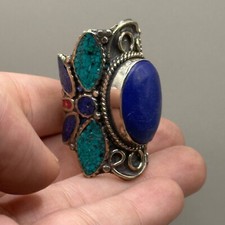 LOVELY TIBETAN NEPALI HAND MADE SILVER COATED RING WITH STONES