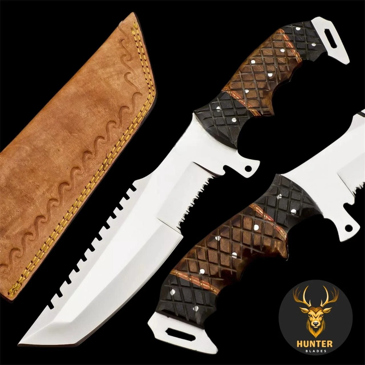 SERRATED TANTO TRACKER KNIFE Full Tang Handmade D2 Steel Outdoor Hunting Knife