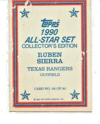 Ruben Sierra Texas Rangers #26 1990 Topps All-Star Baseball Outfield - Imagen 2 de 2