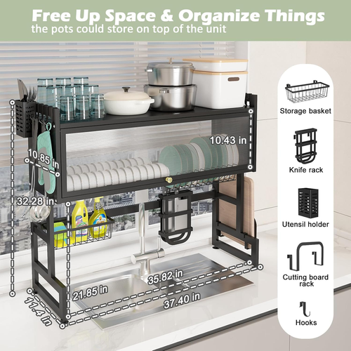 Dish Drying Rack,Over The Sink Dish Drainer Drying Rack 2 Tier Dish Rack w/Cover - Picture 4 of 12