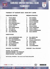 Carlisle United V Wigan Athletic Tuesday 15th August 2023 Team Sheet League One