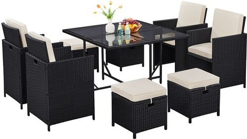 9PCS Patio Rattan Dining Table Chair Set Garden Wicker 8-Seater Cube Sofa Set