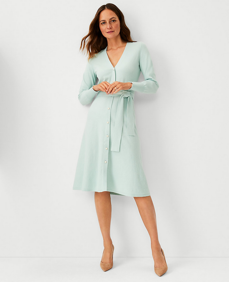 NEW ANN TAYLOR $159 MINT PEARLIZED BUTTON BELTED SWEATER