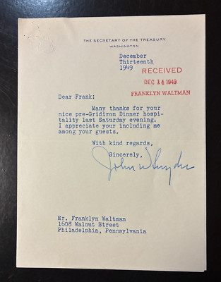U.S. Secretary of Treasury John Wesley Snyder Signed 1949 Typed Letter