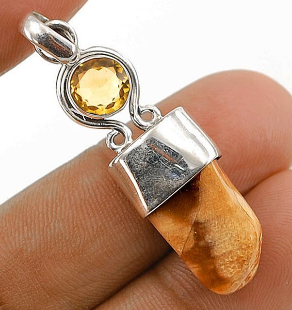 Natural Peanut Wood Jasper and Citrine Sterling Silver Pendant Necklace  