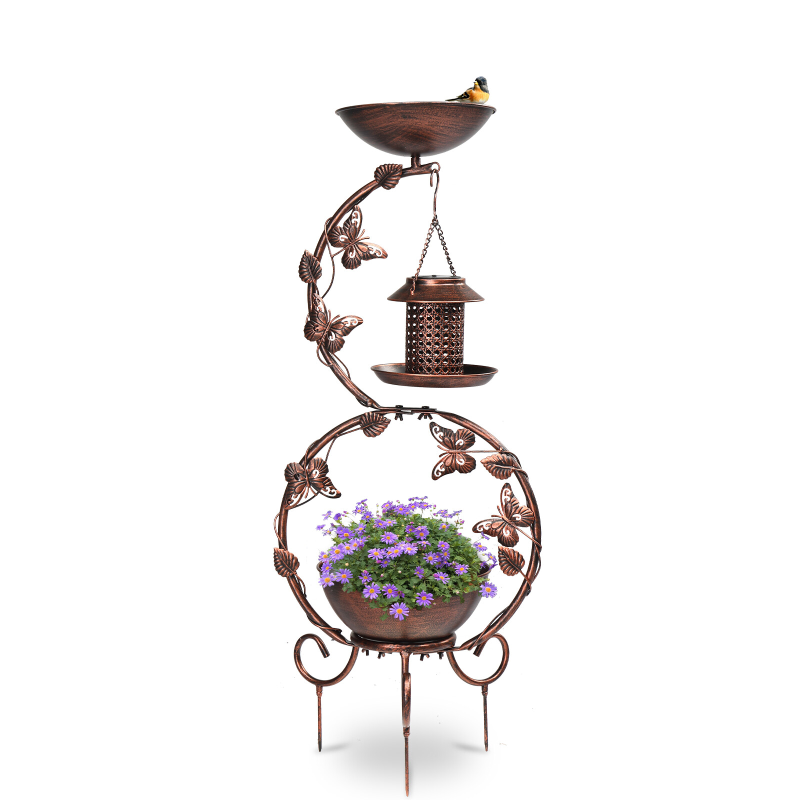 38in Weatherproof Metal Garden Bird Bath and Feeder with Solar Lights