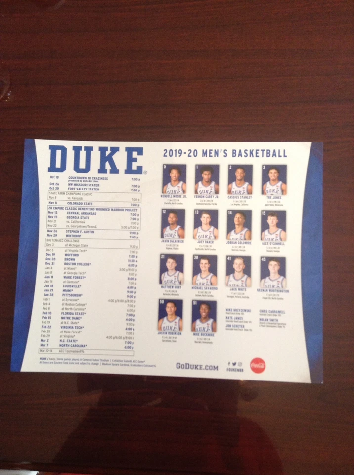 DUKE MENS BASKETBALL STAMPED/PRINTED AUTOGRAPH 2019-2020 SCHEDULE POSTER - Image 2 of 3