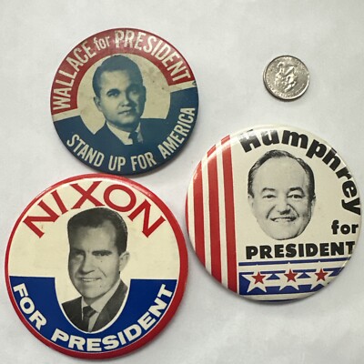 Humphrey, Nixon, Wallace Three Large 1968 Campaign Buttons