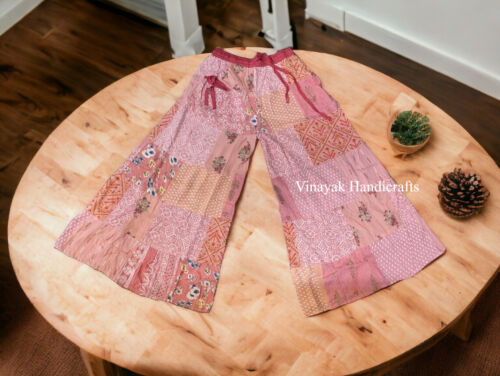 Indian Vintage Rayon Patchwork Wide Leg Hippie Boho Gypsy Palazzo Pants Trouser - Picture 7 of 11