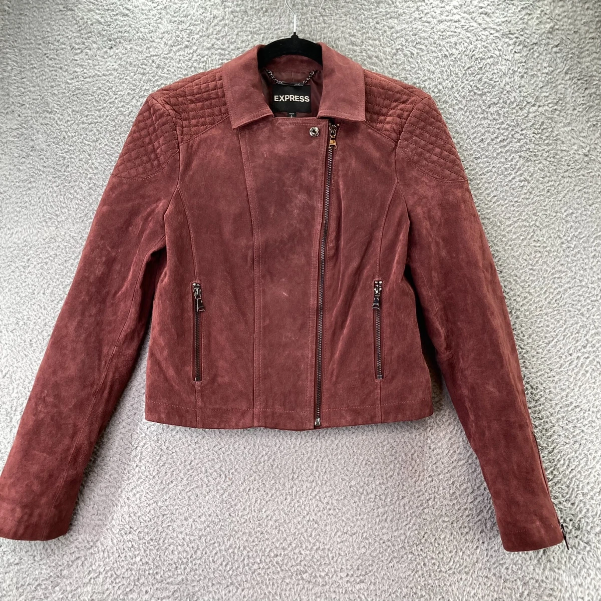 Express Leather Jacket Women Size SP Brown Moto Suede Full Zip Silver Hardware
