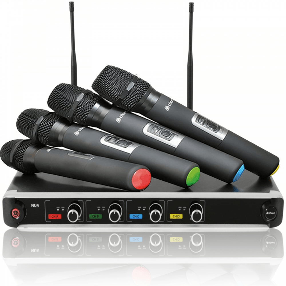 Quad Wireless Microphone System UHF Handheld Licence Free - DJ Stage Vocal Mics
