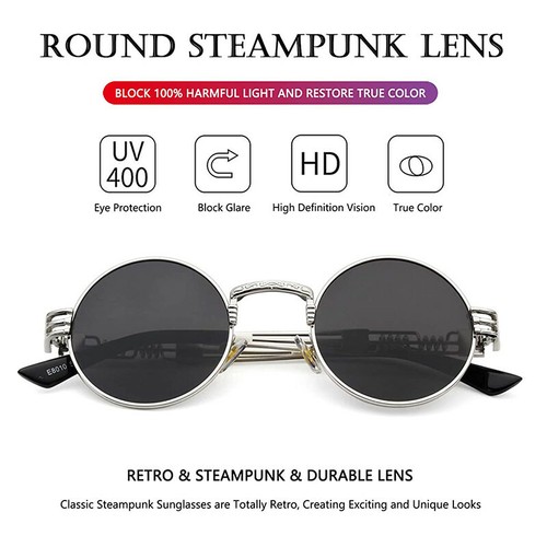 Mode Metall Retro runde Sonnenbrille UV400 Vintage 90er Jahre Gothic Steampunk Brille - Bild 6 von 30