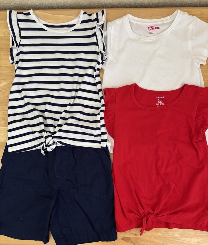 Lot Of 4 Girls Size 6 Short Sleeve Tops & Shorts Set - Red, White, Blue 4th July