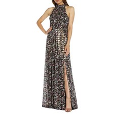 Adrianna Papell Dress Womens Size 4 Black Foiled Floral Pleated Halter Maxi Gown