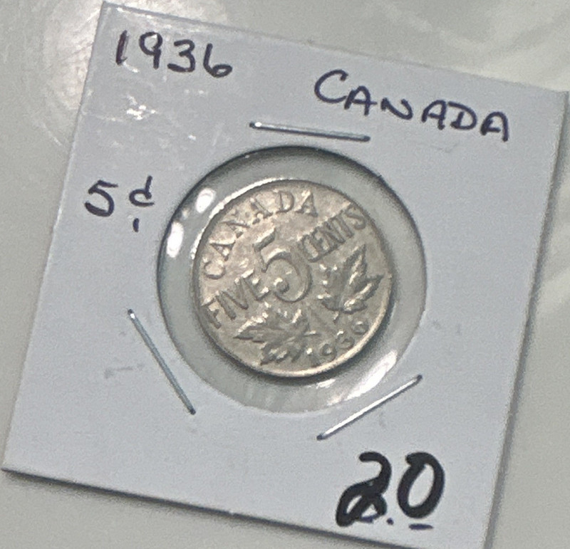 1936 Canada 5 Cents Silver Coin Circulated Uncertified Ungraded Collectible