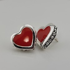Red Enamel Heart on Silver Tone Stud Pierced Earrings