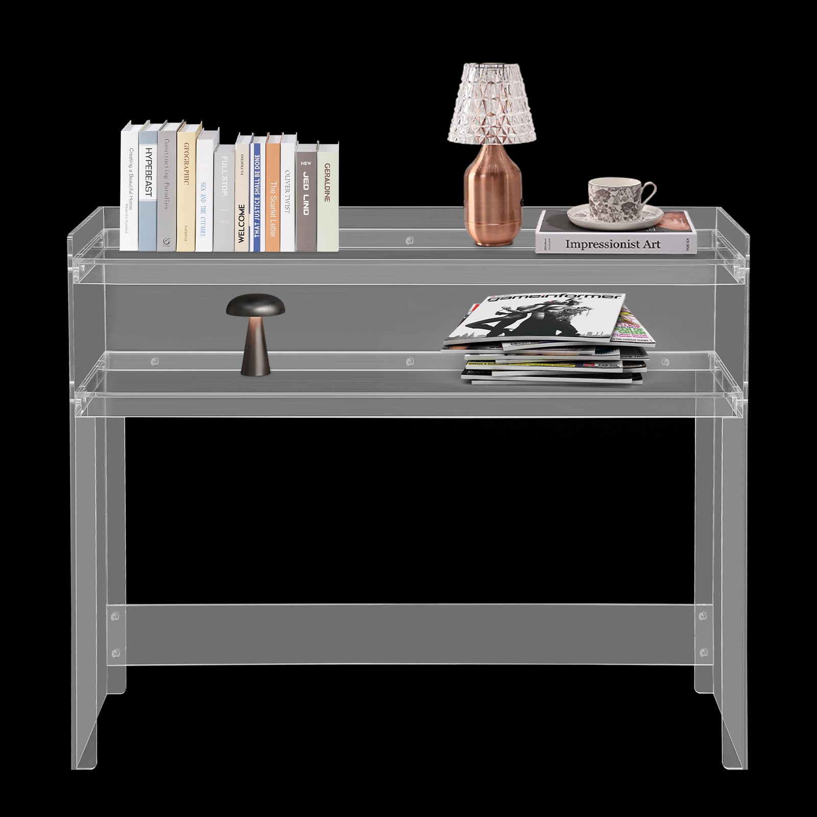 2 Tiers Modern Acrylic Desk Small Entryway Table With Open Shelves Entry Table