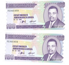 Banque de la Republique du Burundi Burundi 100 Francs 1997     2 Pcs Choice U