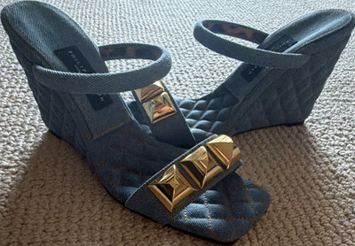 Philipp Plein Women s Blue Cloth Studded Wedge Sandals Slip On US 10
